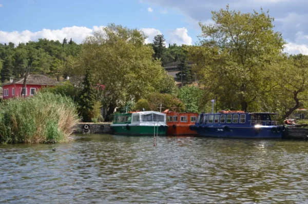 Colorful boats lined along the shore, surrounded by lush greenery and tranquil water at Ioannina Island, Greece.