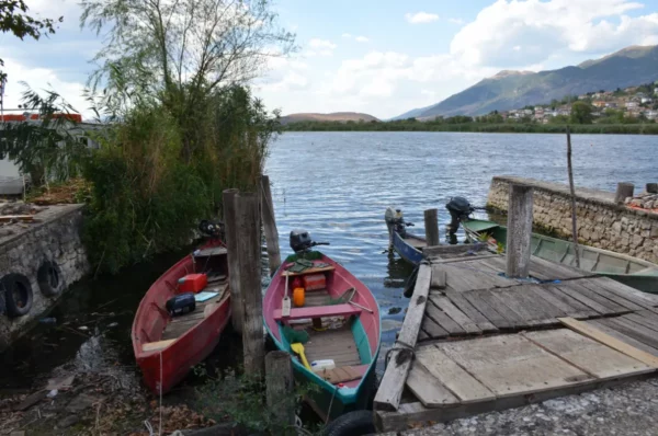 Colorful boats docked by the serene waters of Ioannina Island, with green foliage and mountains in the background.