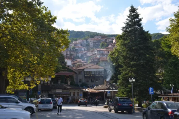 Metsovo central square, with fir trees, tavernas, parked cars, and hillside houses in the Pindus mountains.