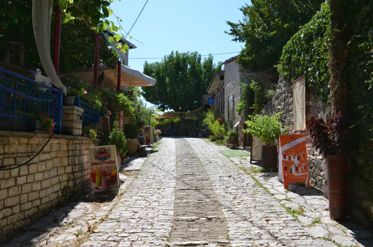 Cobbled stone street in Monodendri village, Zagorochoria, lined with traditional stone houses, small cafés, and greenery under bright summer light.