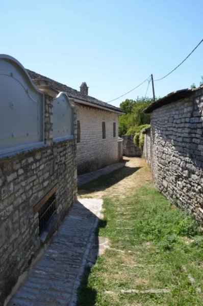 Narrow stone path flanked by rustic buildings in Monodendri, Zagorochoria, surrounded by lush greenery in Ioannina, Greece.