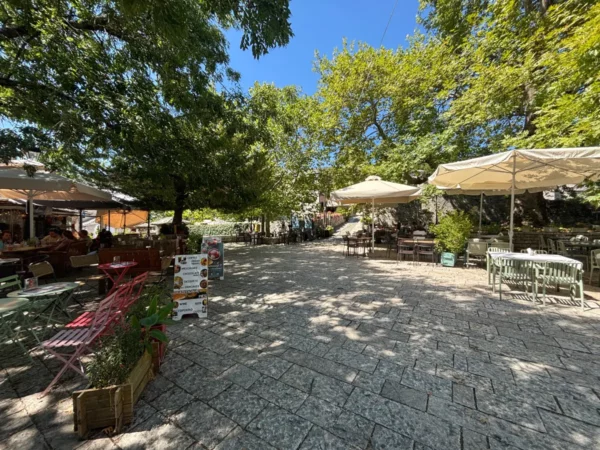 Sunlit square in Monodendri, Zagorochoria, Greece, featuring outdoor seating, lush green trees, and a vibrant atmosphere.
