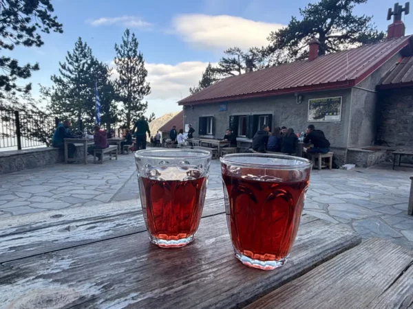 Two glasses of red wine on a wooden table at the Spilios Agapitos refuge terrace on Mount Olympus, with hikers and the stone refuge building in the background.
