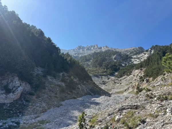 Majestic peaks rise above a rocky valley under a clear blue sky at Mount Olympus, Pieria, Greece.