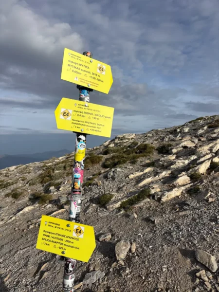 Colorful directional signs guide hikers along a rocky trail on Mount Olympus in Pieria, Greece, under a cloudy sky.