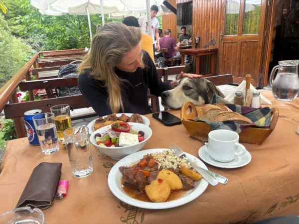 Post-hike meal at a mountain tavern near Mount Olympus, with traditional Greek dishes on the table and a large dog resting its head beside a seated hiker.