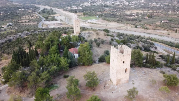 Bird’s-eye view of the Twin Towers of Mytikas with the small chapel between them, overlooking the Lelantine Plain in central Evia, Greece