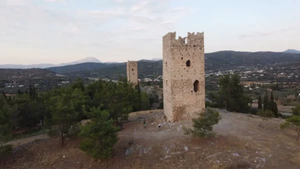 Twin Towers of Mytikas standing above the Lelantine Plain, with Mount Dirfys visible in the background, central Evia, Greece