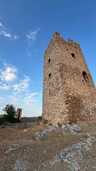 Stone base of one of the Twin Towers of Mytikas seen from ground level, Lelantine Plain, central Evia, Greece