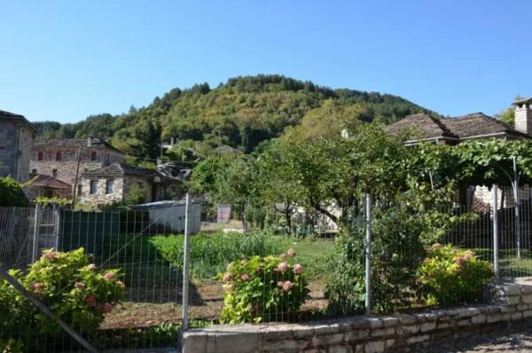 Scenic view of lush greenery and traditional stone houses with a mountain backdrop in Papigo, Zagorochoria, Greece.
