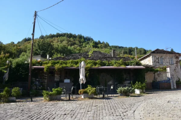 Charming stone buildings draped in greenery along a cobblestone pathway in Papigo, Zagorochoria, Ioannina, Greece.