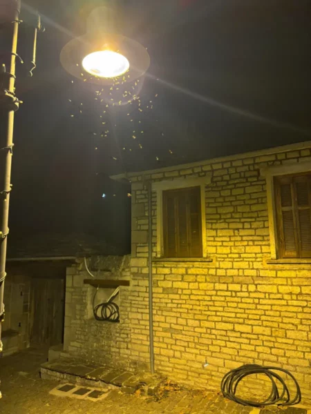 Warm light from a streetlamp illuminates a textured stone wall of a building in Papigo, Zagorochoria, Greece, at night.