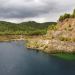aerial photo of the largest of the old quarry lakes near mantoudi in north evia