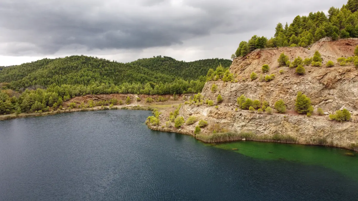 aerial photo of the largest of the old quarry lakes near mantoudi in north evia