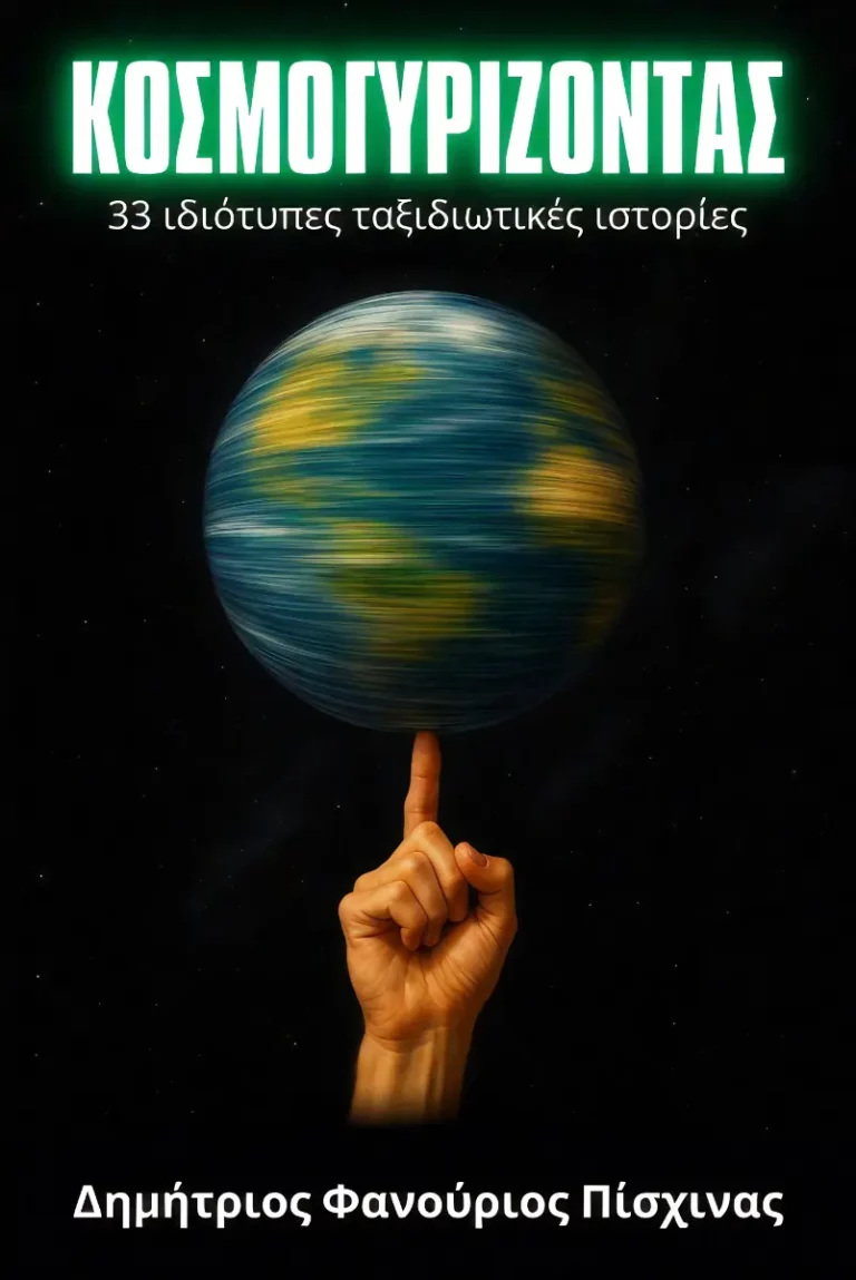 εξώφυλλο του βιλίου «κοσμογυρίζοντας - 33 ιδιότυπες ταξιδιωτικές ιστορίες» από τον δημήτριο φανούριο πίσχινα