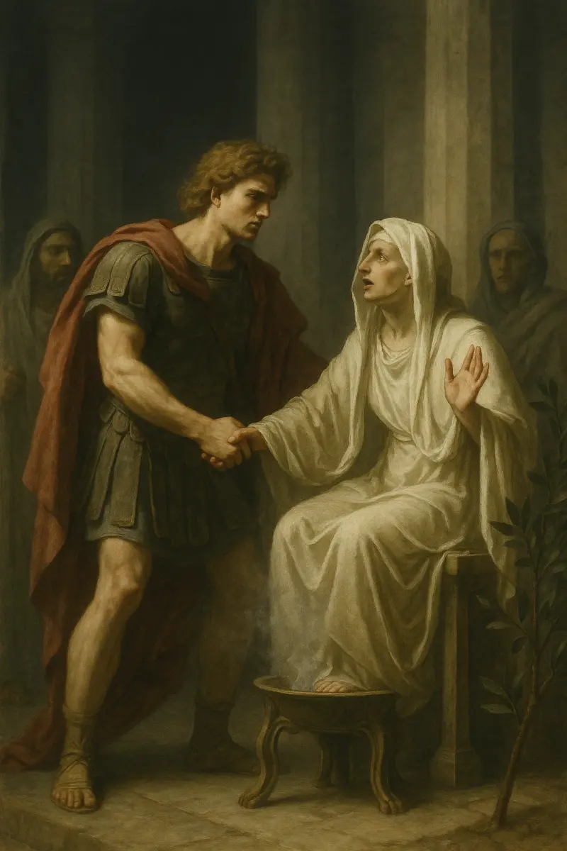 Alexander the Great confronting the Pythia at Delphi, the episode in which she proclaimed him “invincible.”