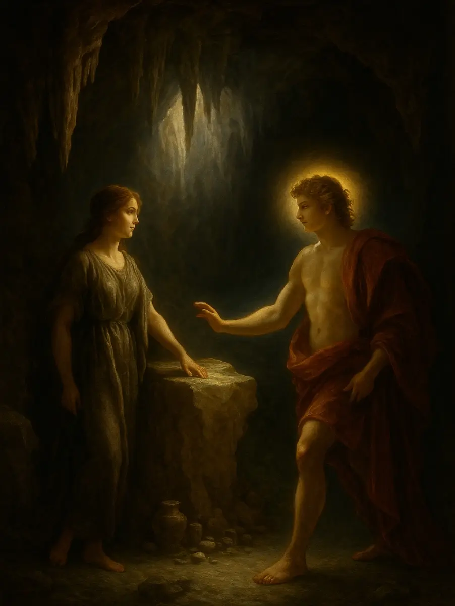 Naughty Apollo seducing the Nymph Corycia inside the Corycian Cave