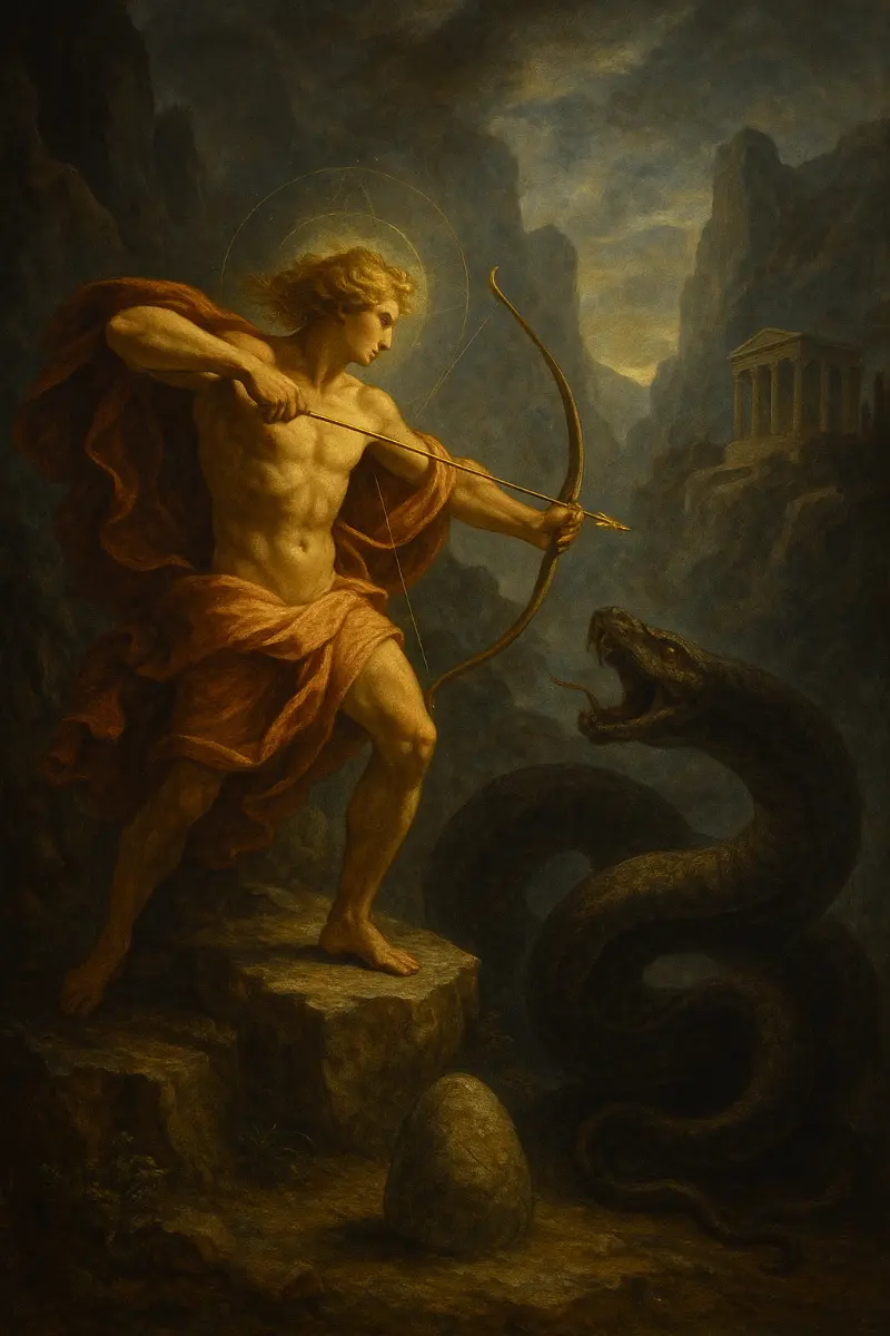 Apollo striking down Python on the slopes of Delphi, the mythic moment that marks the god’s claim over the sanctuary.