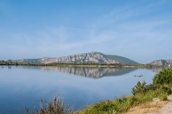 lovely view of Gialova Lagoon with mountain reflection near pylos