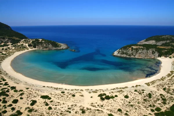 horseshoe-shaped stunning Voidokilia Beach near pylos, messenia, greece