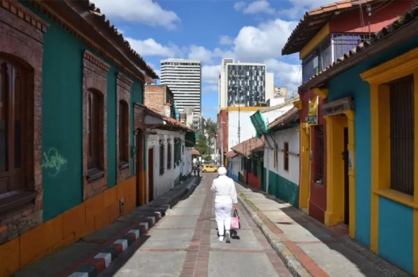 Colorful colonial street in La Candelaria, Bogotá, Colombia