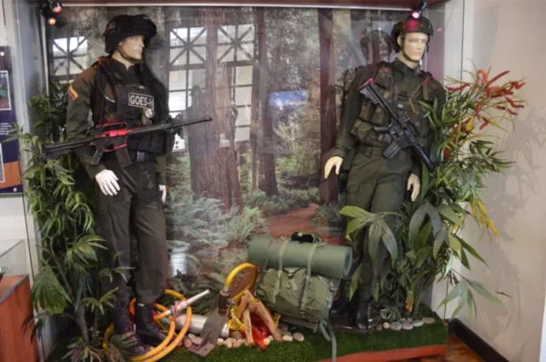 Colombian police special operations uniforms and jungle gear displayed at the Police Museum of Bogotá