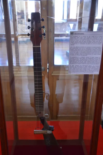 Guitar made from a rifle displayed at the Police Museum of Bogotá as a symbol of peace and reconciliation
