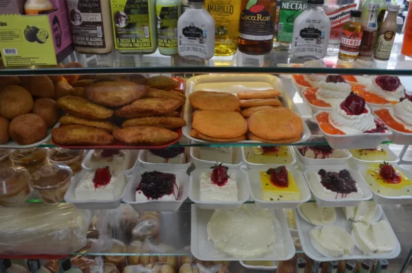 Traditional Colombian snacks and desserts on display at a food stall in the Monserrate market in Bogotá