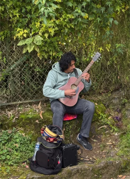 Musician playing guitar on a mossy stone in Monserrate, surrounded by lush greenery in Bogotá, Colombia.