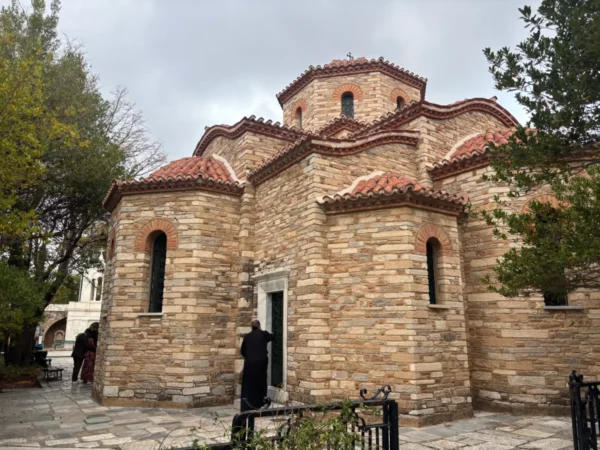 church in the courtyard of penteli monastery near athens, greece