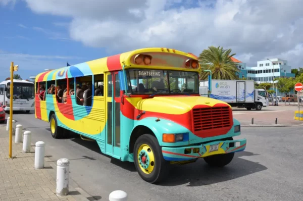 colorful bus in willemstad city, curacao