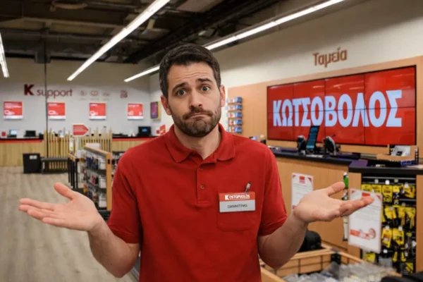Υπάλληλος σε κατάστημα ηλεκτρονικών  Κωτσόβολος σηκώνει αμήχανα τους ώμους μπροστά στα ταμεία, εκφράζοντας άγνοια για την εξαργύρωση δωροεπιταγής.