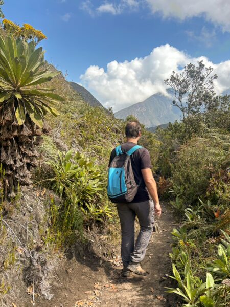 Hiker on the Camino de Herradura trail with the Iguaque massif in the background, Iguaque National Park, Boyacá, Colombia