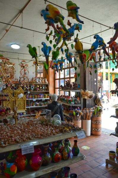 Colorful ceramic pottery displayed outside a handicrafts shop in Ráquira, Boyacá, Colombia