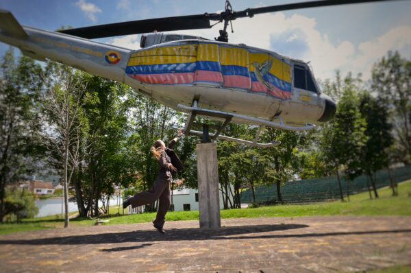 Decommissioned military helicopter displayed in Avión Park, Villa de Leyva, Boyacá, Colombia