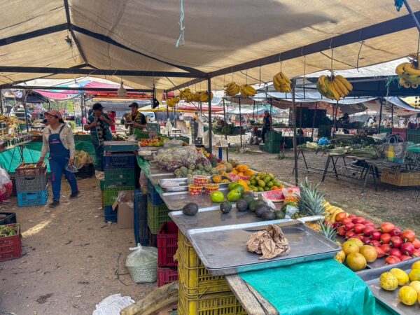 Fresh fruit and vegetable stalls at the Saturday market in Villa de Leyva, Boyacá, Colombia