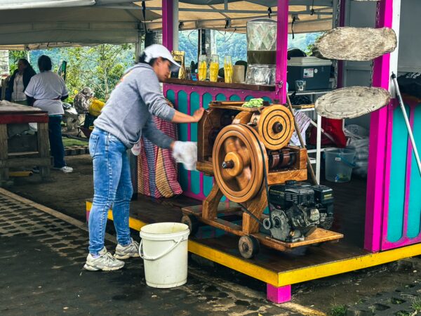 A woman operates a traditional coffee grinder at a colorful stall, surrounded by greenery in Alto de la Cruz, Salento, Quindío, Colombia.