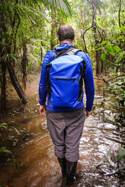 A hiker in a blue backpack walks through the lush, waterlogged trails of Gamboa Nature Reserve in Loreto, Peru.
