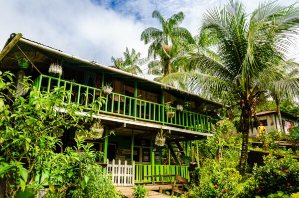 Colorful green house surrounded by lush tropical plants in Puerto Narino, Amazonas, Colombia, under a partly cloudy sky.