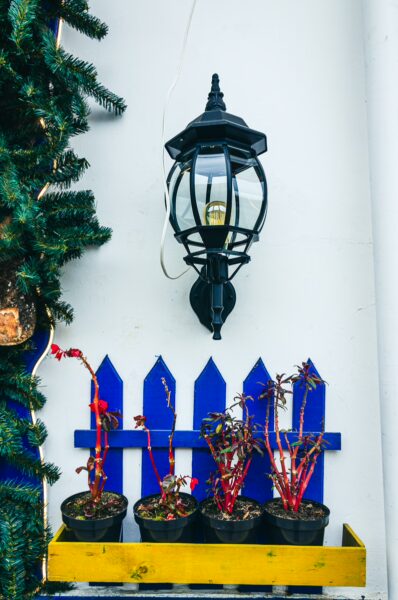 Calle Real in Salento features colorful planters with red plants and a classic black lantern against a white wall.