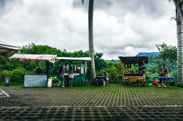 Colorful market stalls set against lush greenery in Salento, Quindio, with vendors selling local crafts and food.