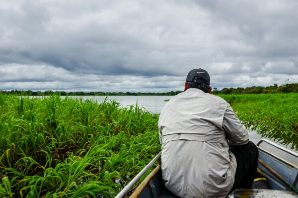 A person in a boat surrounded by lush green vegetation on Pirana Lake in Gamboa Nature Reserve, Loreto, Peru. Dark, cloudy skies above.