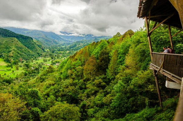 Stunning view from the Mirador de Valle Cocora showcasing lush green hills and valleys in Salento, Quindío, Colombia.