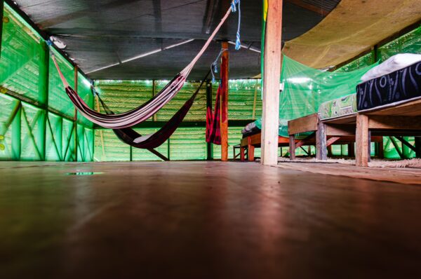 Cozy interior of a nature reserve lodge in Gamboa, featuring colorful hammocks and a wooden floor, surrounded by green walls.