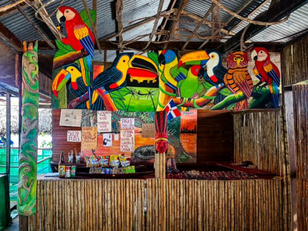 Vibrant tropical bird murals decorate a bamboo stall at Pirana Lake, Gamboa Nature Reserve, highlighting local wildlife in Loreto, Peru.
