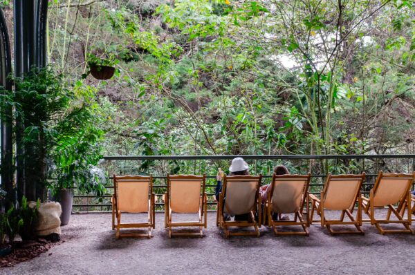 Relaxing wooden chairs line a balcony at Arvi Park, surrounded by lush greenery and vibrant tropical plants in Medellín.