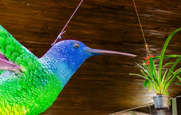 A vibrant, large hummingbird sculpture hangs against a wooden ceiling, with green and blue feathers and a potted plant nearby.