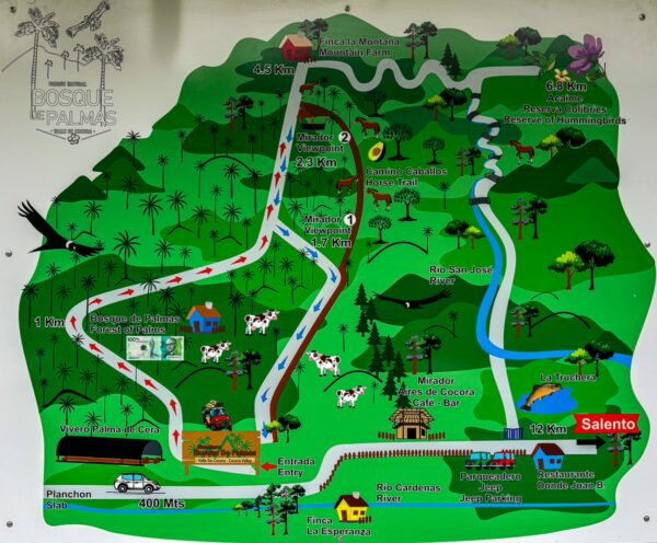 Detailed map of Cocora Valley, showcasing trails, landmarks, and lush green scenery in Quindío, Colombia.