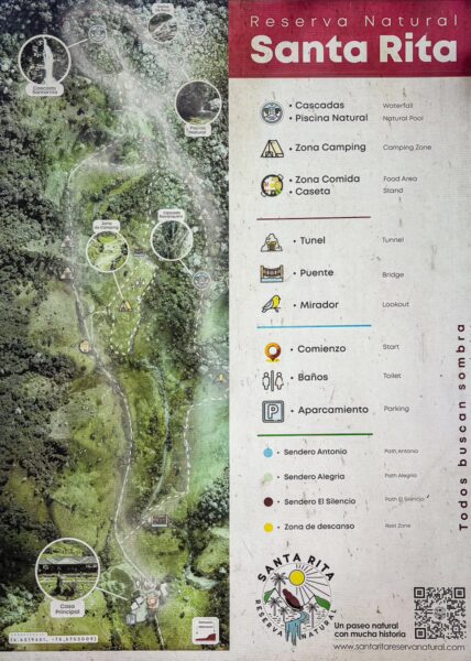 Santa Rita waterfalls map showcases trails and features in Salento, Quindio, Colombia, with colorful icons and a detailed layout.