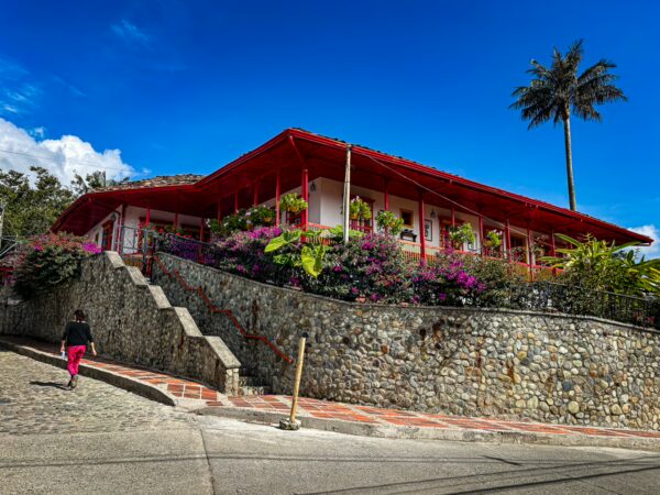 Brightly colored building surrounded by bougainvillea and palm trees, set against a clear blue sky in Salento, Quindío, Colombia.